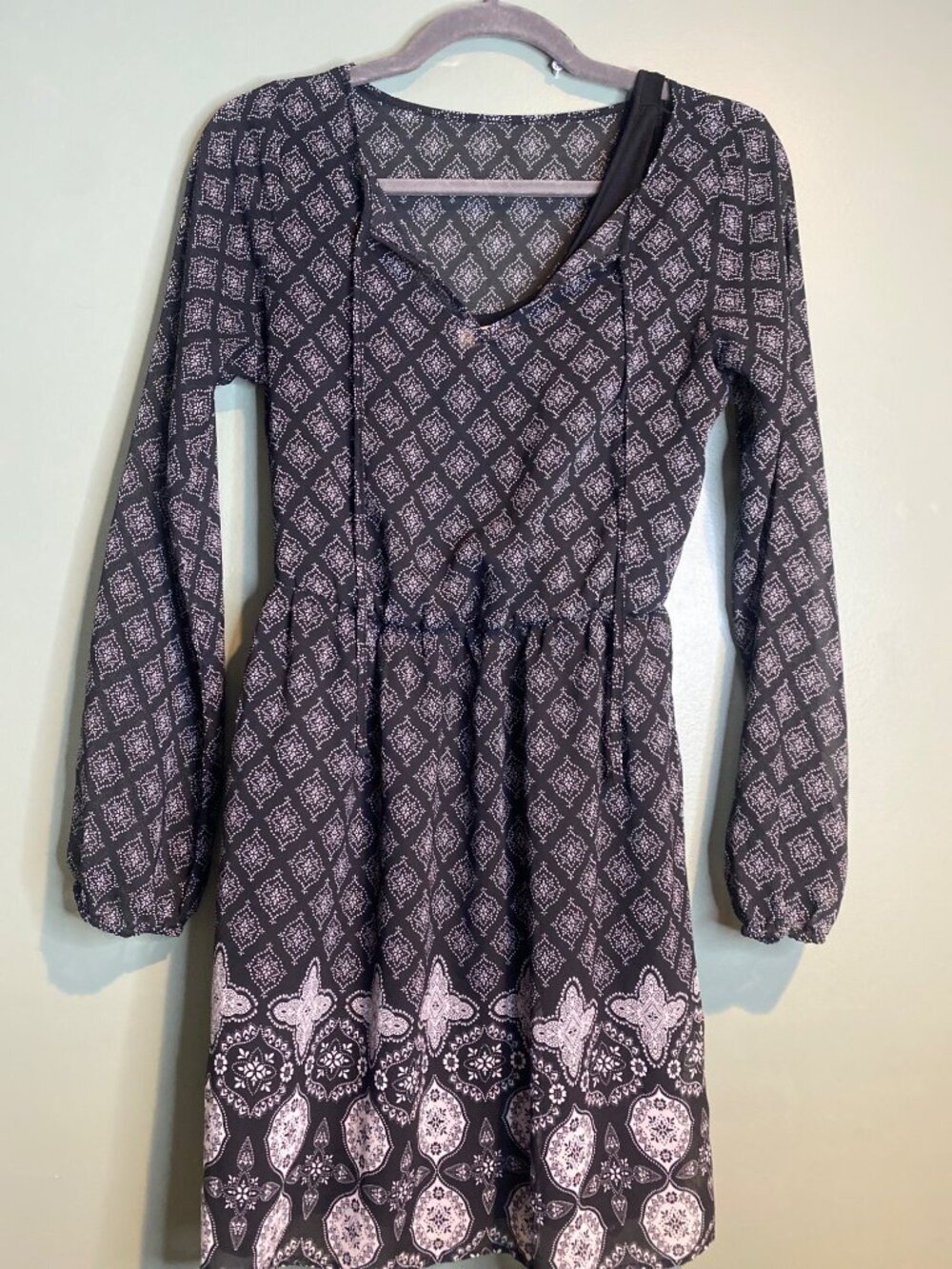 Mudd S Y2K Black White Print Dress Boho Peasant Long Sleeve Festival Mini preppy